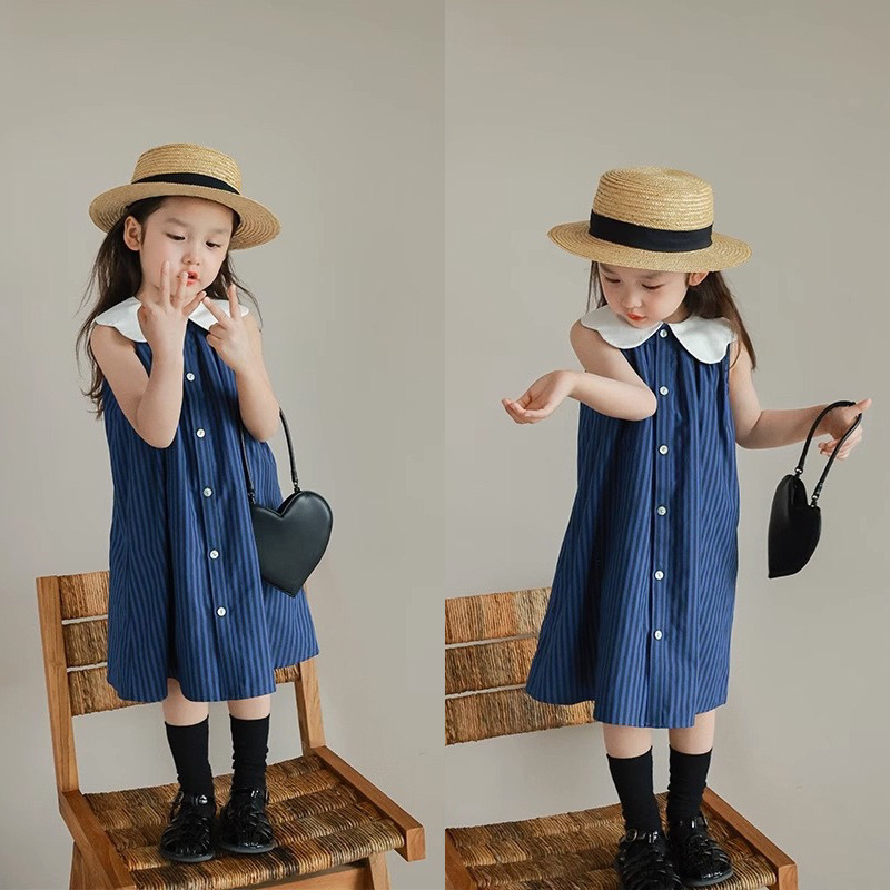 Váy ko tay kẻ sọc xanh cho bé