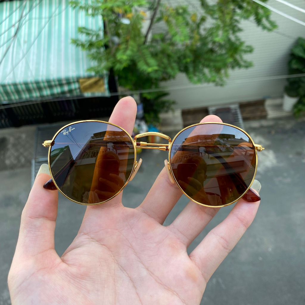 Kính rayban 3447 của Ý, 2nd, tròng thủy tinh nâu trà gọng tròn, dành cho nam và nữ, thời trang, du lịch, ảnh thật