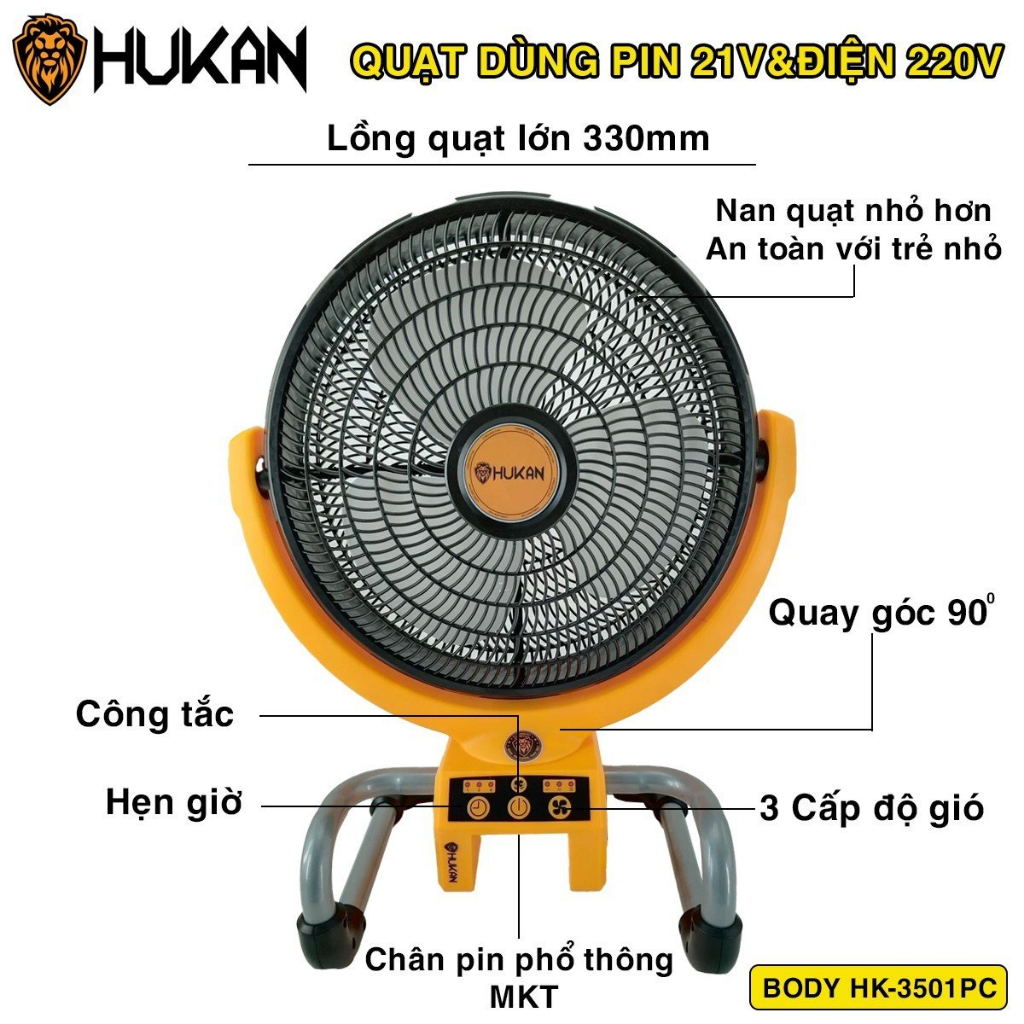 Quạt Chạy Pin HUKAN CRF3500M Có 3 Cấp Chỉnh Tốc, 3 Chế Độ Hẹn Giờ,Chân Pin Phổ Thông.Quạt Pin và Điện