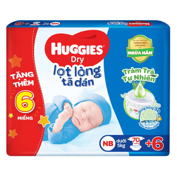 Tã/bỉm dán Huggies lọt lòng tràm trà tự nhiên NB70+6 dưới 5kg