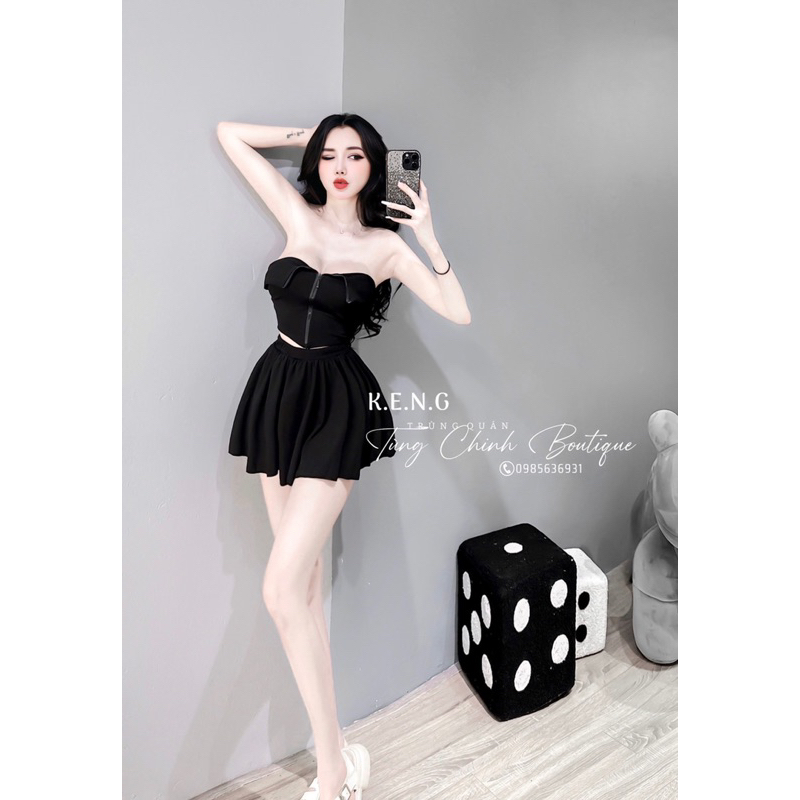 Set đồ nữ dễ thương áo quây cúp mix chân váy xoè