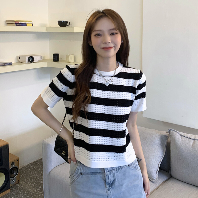 Áo thun dệt kim tay ngắn , áo vải len montoghi hoạ tiết sọc ngang trẻ trung phong cách hàn quốc 3Fashion - A15