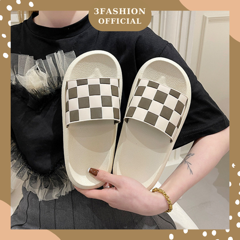 Dép nữ đế bánh mì quai ngang, dép Caro đen trắng thời trang nhựa cao cấp nhẹ êm chân 3FASHION - 3245