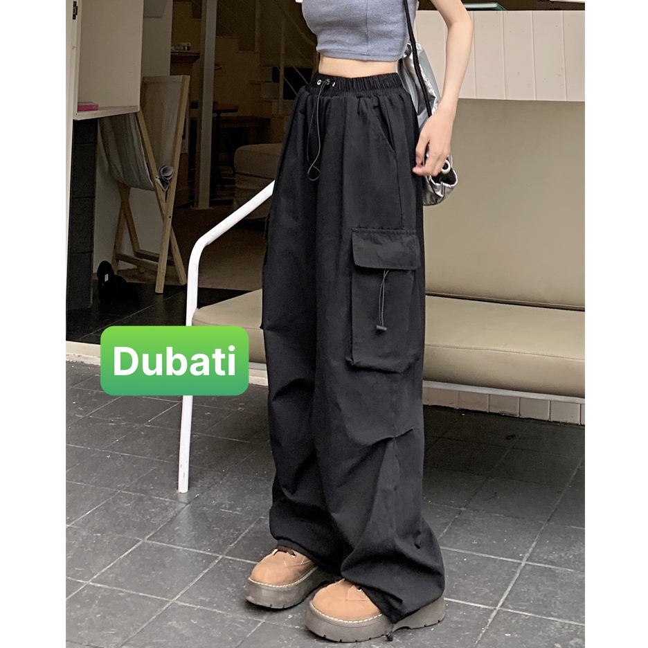 Quân baggy lưng cao ống rộng có túi và dây rút phong cách Harajuku Hàn Quốc thời trang cho nữ phong cách sang chảnh - Du