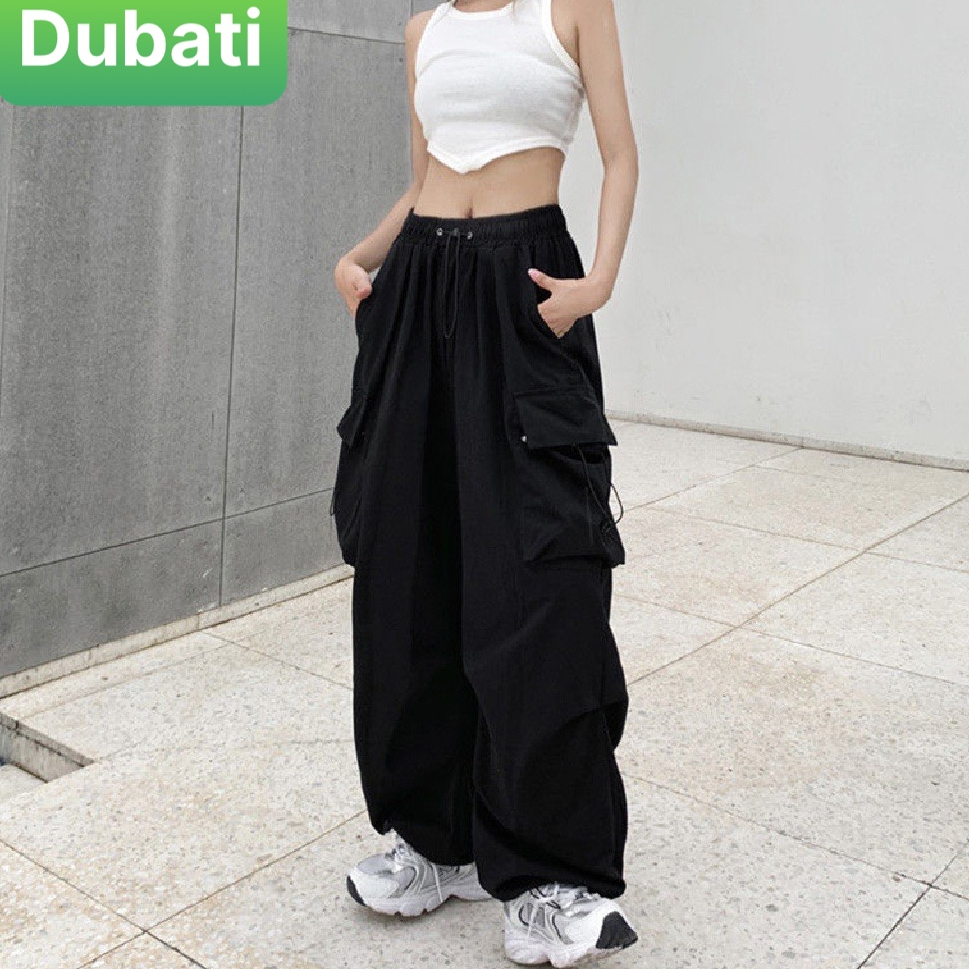 Quân baggy lưng cao ống rộng có túi và dây rút phong cách Harajuku Hàn Quốc thời trang cho nữ phong cách sang chảnh - Du