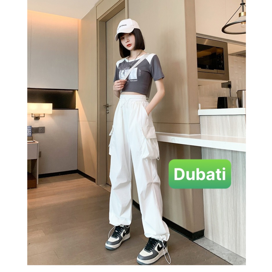 Quân baggy lưng cao ống rộng có túi và dây rút phong cách Harajuku Hàn Quốc thời trang cho nữ phong cách sang chảnh - Du