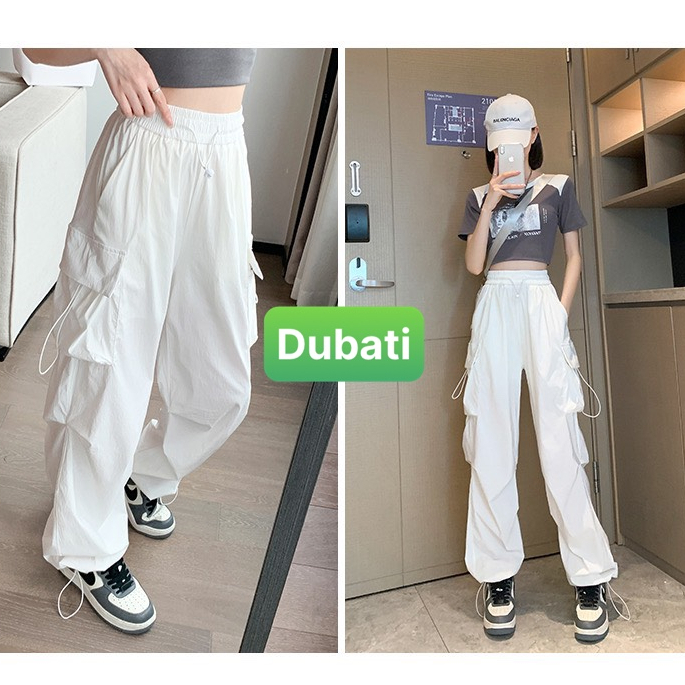 Quân baggy lưng cao ống rộng có túi và dây rút phong cách Harajuku Hàn Quốc thời trang cho nữ phong cách sang chảnh - Du