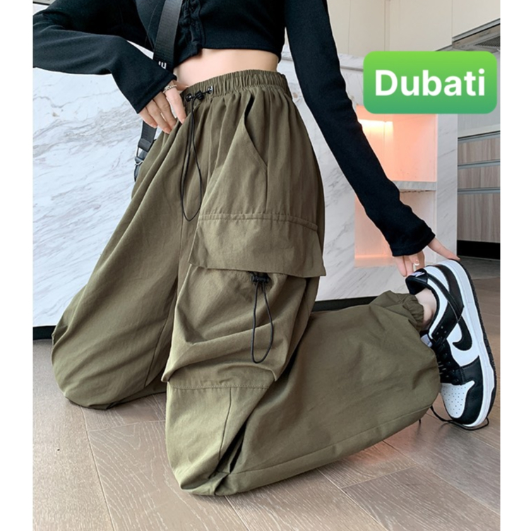 Quân baggy lưng cao ống rộng có túi và dây rút phong cách Harajuku Hàn Quốc thời trang cho nữ phong cách sang chảnh - Du