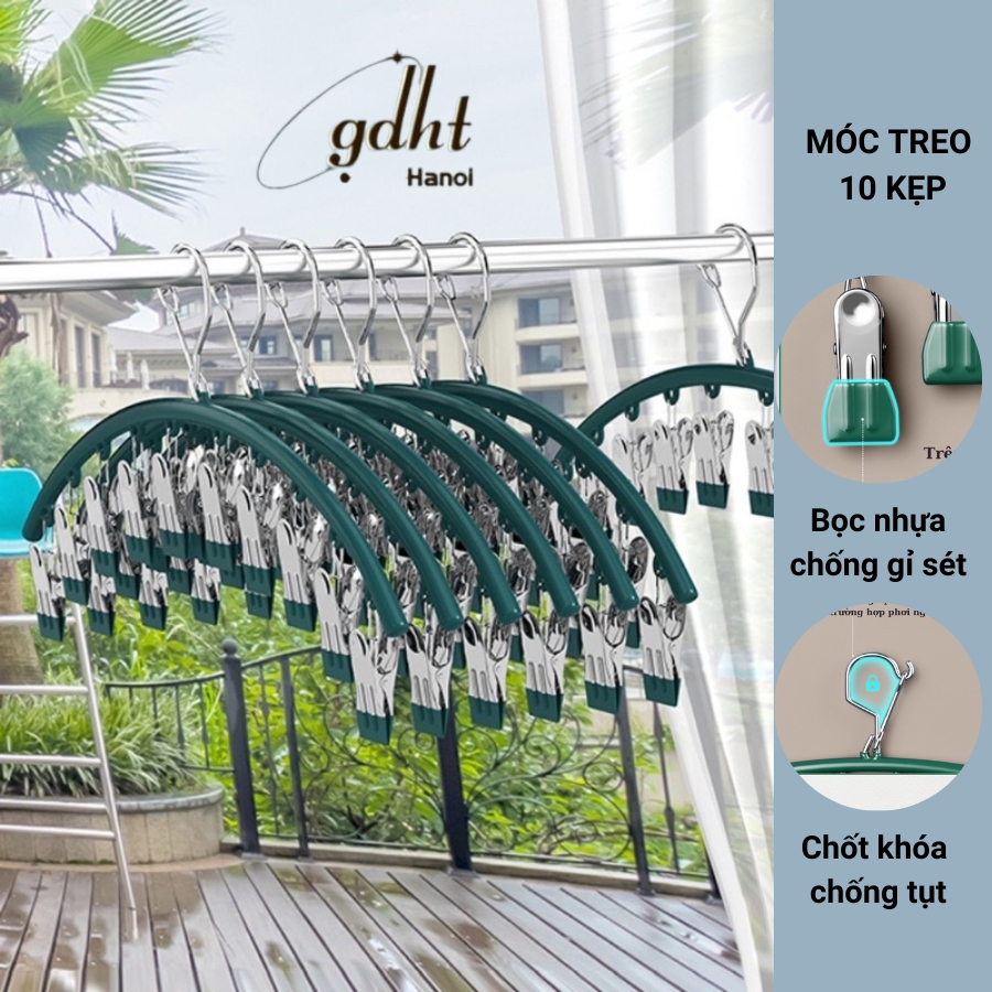 Móc Treo Đồ Lót Móc Phơi Đồ 10 Kẹp Khóa Chống Tụt Chống Rỉ Sét Treo Tất/ Quần Áo Gấp Gọn, Tiện Dụng Huytuan3010