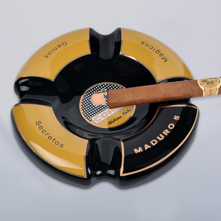 Gạt tàn xì gà 4 điếu - Gạt tàn cigar song mã gốm sứ tráng men cao cấp họa tiết kẻ Ber- Decor trang trí phòng k