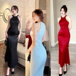 ĐẦM LỤA DỰ TIỆC CHÉO TAY DÁNG ĐUÔI CÁ Chất Lụa Hàn Mềm mịn Hai lót - TV05