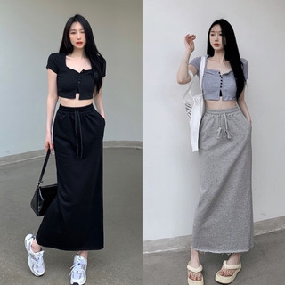 ĐẦM SUÔNG SET ÁO CROPTOP CỔ U TAY NGẮN ÔM BODY + CHÂN VÁY DÀI MIDI THUN TRƠN ĐI CHƠI DẠO PHỐ ĐI BIỂN ĐI TIỆC