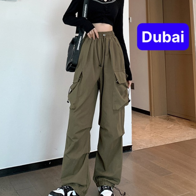 Quân baggy lưng cao ống rộng có túi và dây rút phong cách Harajuku Hàn Quốc thời trang cho nữ phong cách xịn sò - Dubaiu