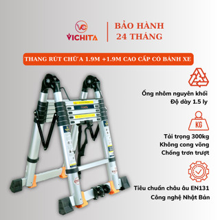 Thang nhôm rút chữ A 3.8M (1.9M+1.9M) có bánh xe, thanh giằng chống rung lắc, hàng nhập khẩu - BẢO HÀNH 24 THÁNG