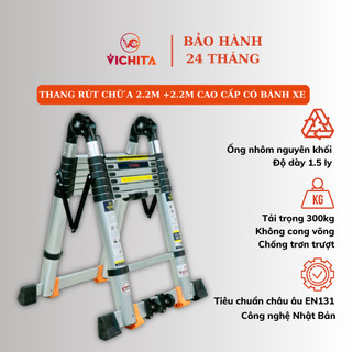 Thang nhôm VICHITA rút chữ A 4.4M (2.2M+2.2M) có bánh xe, thanh giằng chống rung lắc - BẢO HÀNH 24 THÁNG