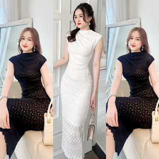 ĐẦM BODY DỰ TIỆC CỔ KÍN NHẤN EO DÁNG DÀI CHẤT LEN MỀM CO DÃN