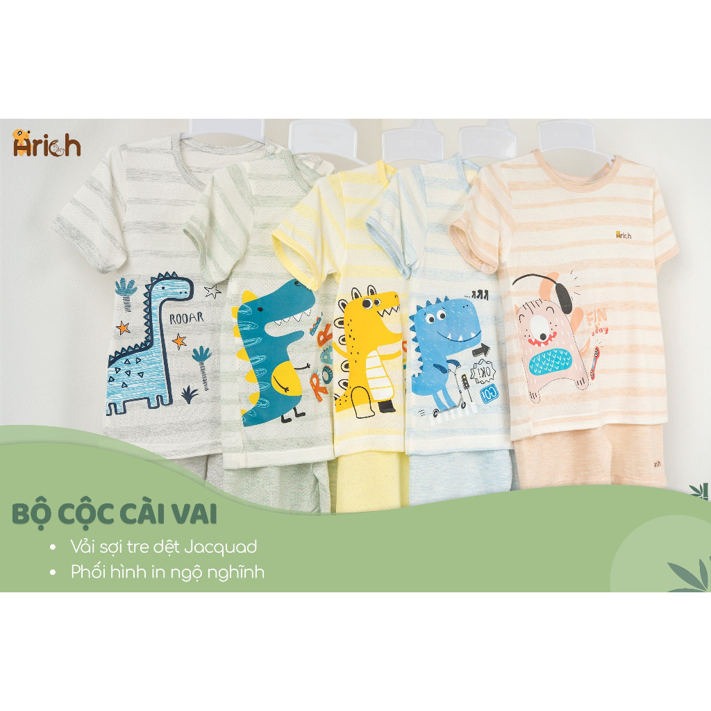 Bộ quần áo cộc tay cài vai dệt kim phối hình in đáng yêu Arich size 6M-5Y