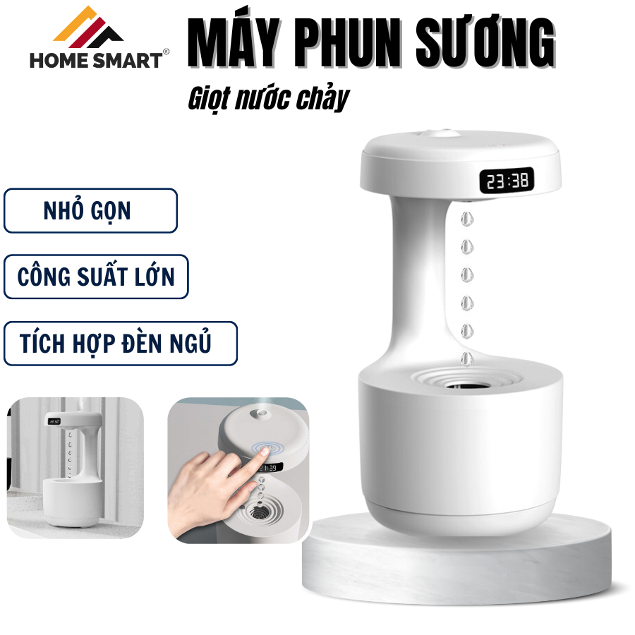 Máy Phun Sương Giọt Nước Mini Máy Xông Tinh Dầu Tích Hợp Đồng Hồ Và Đèn Ngủ Bình Chứa 800Ml Mps08