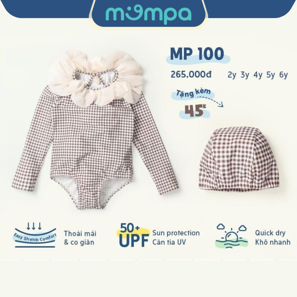 Đồ bơi bé gái Mompa 2-6 tuổi bộ Bikini tặng kèm mũ bơi vải Cotton thoáng mát mềm mát thấm hút co giãn nhanh khô 100