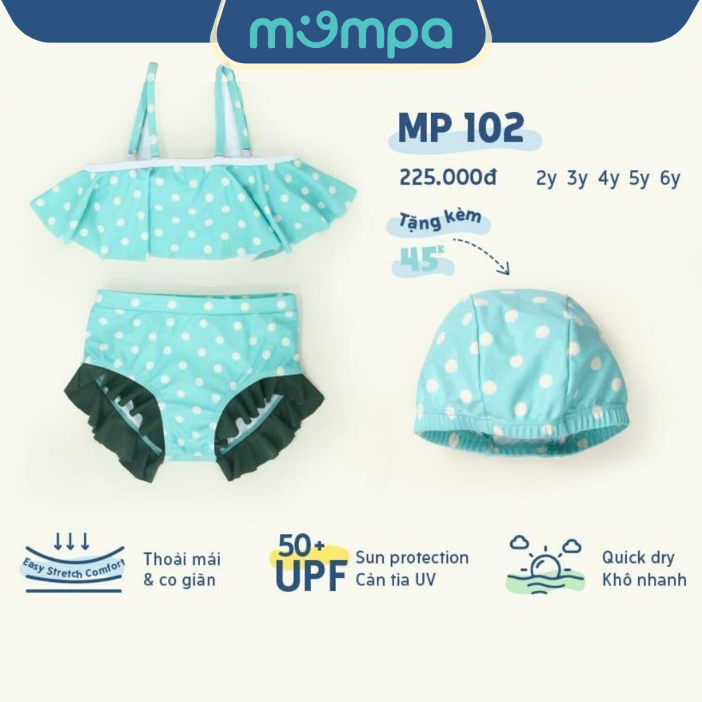 Đồ bơi bé gái Mompa 2-6 tuổi bộ Bikini tặng kèm mũ bơi vải Cotton thoáng mát mềm mát thấm hút nhanh khô 102