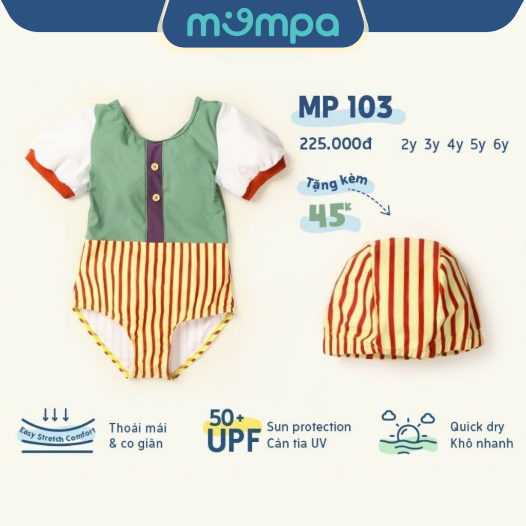 Đồ bơi bé gái Mompa 2-6 tuổi bộ Bikini tặng kèm mũ bơi vải Cotton thoáng mát mềm mát thấm hút nhanh khô 103