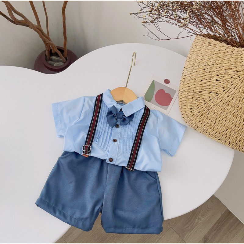 Yếm công tử bé trai quần chất chéo Hàn áo đính nơ TinTin Kids clothing