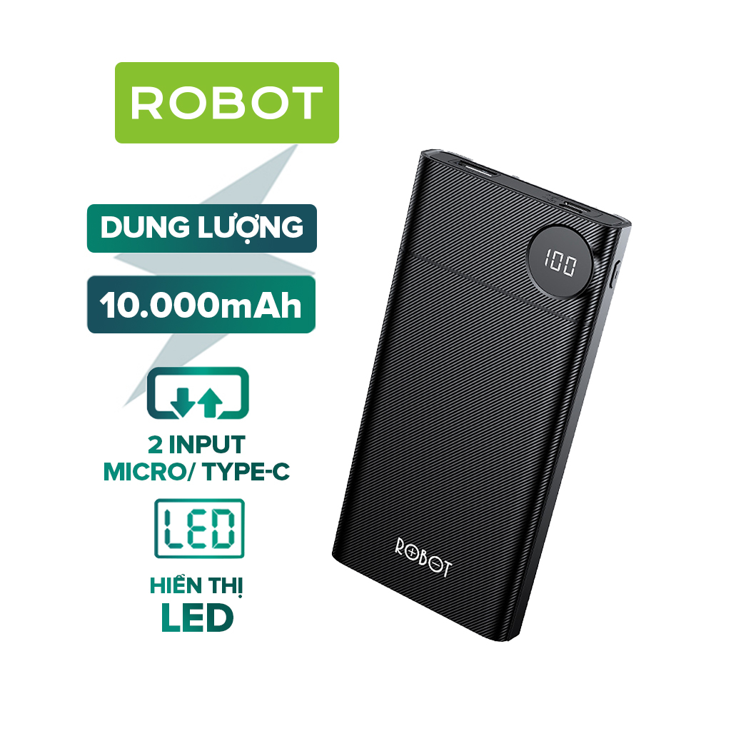 Pin Sạc Dự Phòng 10.000mAh ROBOT RT190 LED Hiển Thị PIN - 1 Output & 2 Input MircoUSB/ Type-C