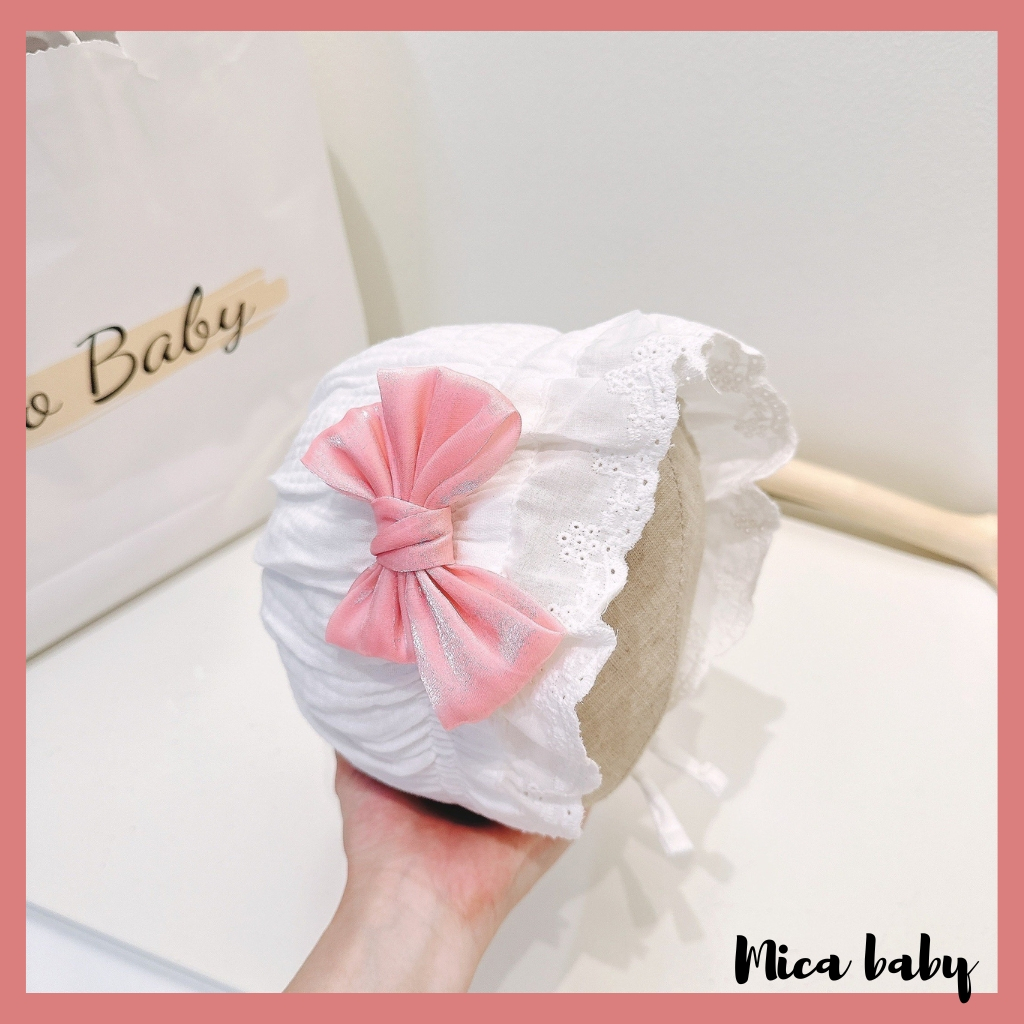 Mũ nón tai bèo công chúa xinh xắn, mũ tiểu thu đính nơ hồng đáng yêu cho bé MTT245 Mica baby
