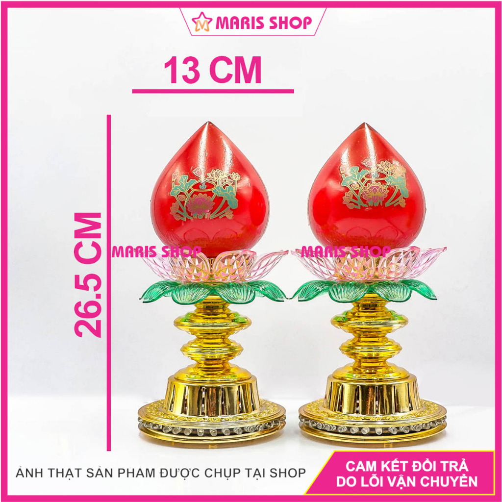 Đôi đèn thờ trái đào, Cặp đèn bàn thờ phật, Đèn để bàn thờ Quả Đào Thủy Tinh