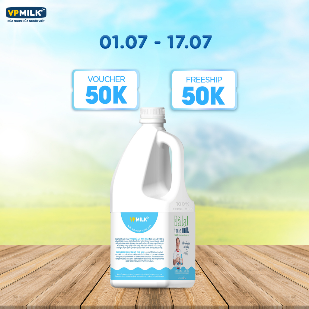 Sữa Tươi Thanh Trùng VPMilk Đà Lạt True Milk - Không Đường 2 Lít