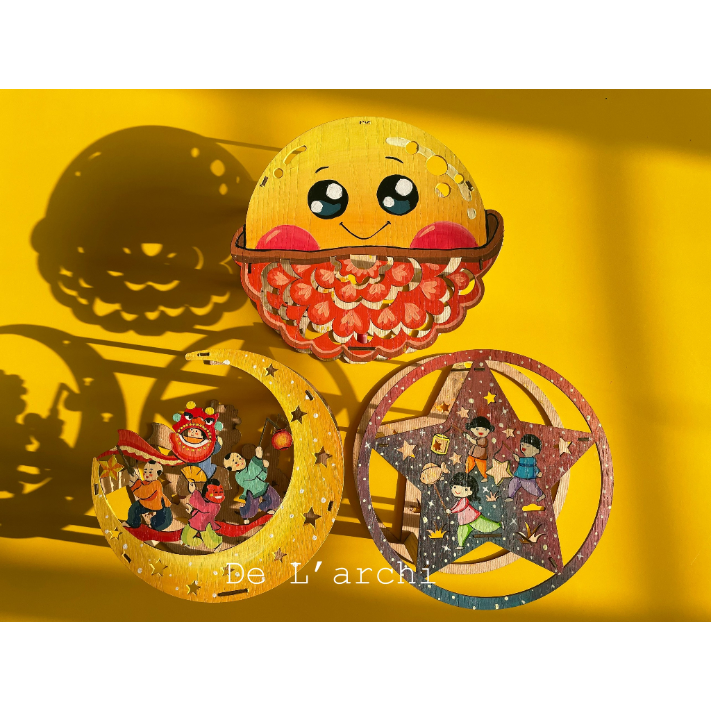 Đèn lồng gỗ, đèn lồng trung thu, đèn hình chiếc bánh 89k tặng kèm màu