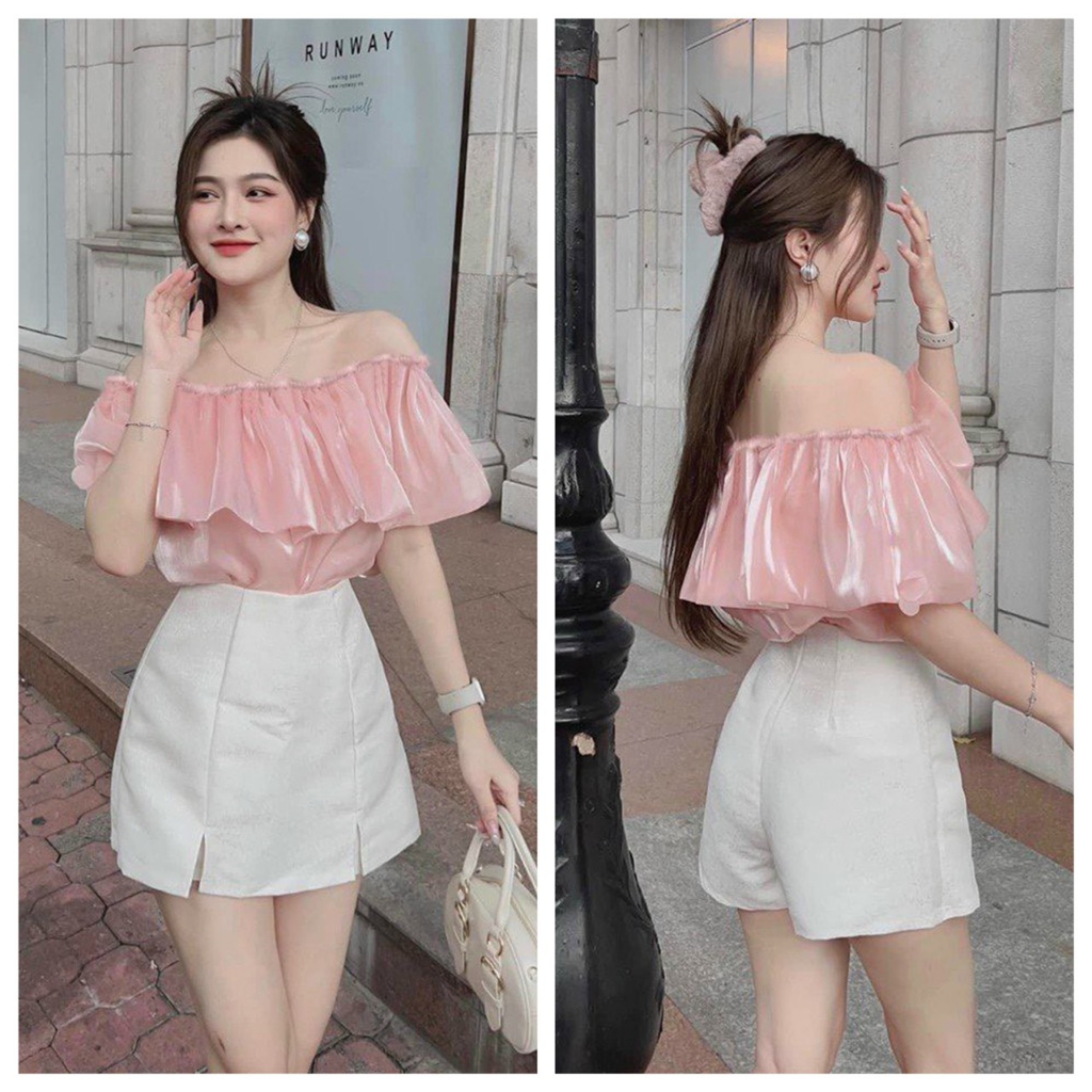 Set bộ áo váy nữ tơ xốp phối voan màu hồng pastel siêu xinh mặc đi chơi hot trend