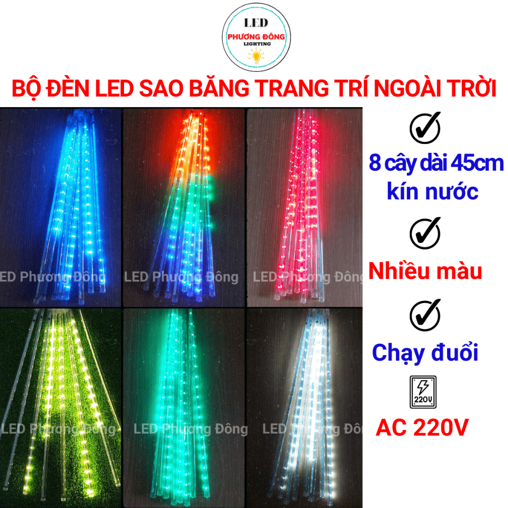 Bộ Đèn LED sao băng trang trí ngoài trời dài 45cm, 8 ống nhỏ hình giọt nước AC 220V kín nước