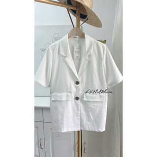 Áo vest Blazer ngắn tay, form rộng, có đệm vai, chất liệu Linen