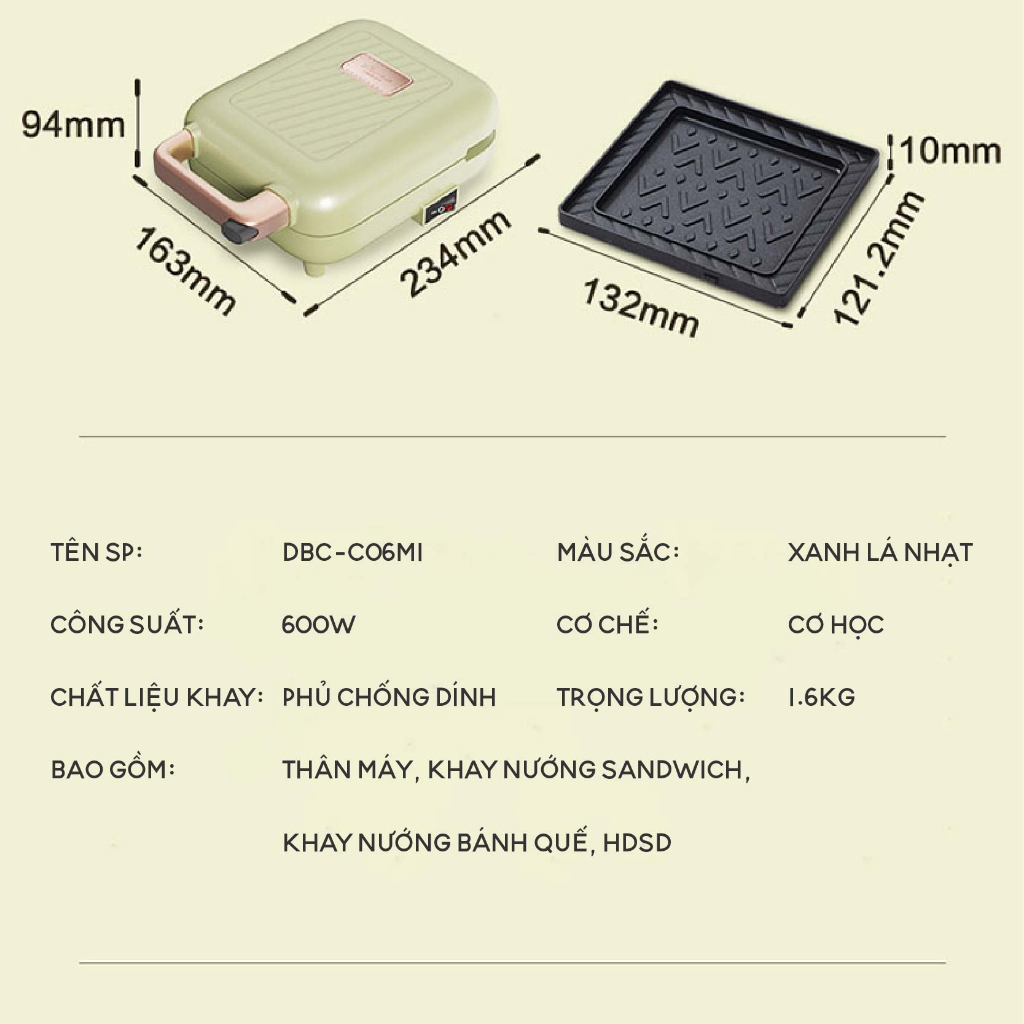 Máy Kẹp Nướng Bánh Mì Sandwich Bear C06M1, CS 600W, làm bánh Waffle, Quế, Hotdog, Làm Bữa Sáng, Hàng Chính Hãng,BH 18 th