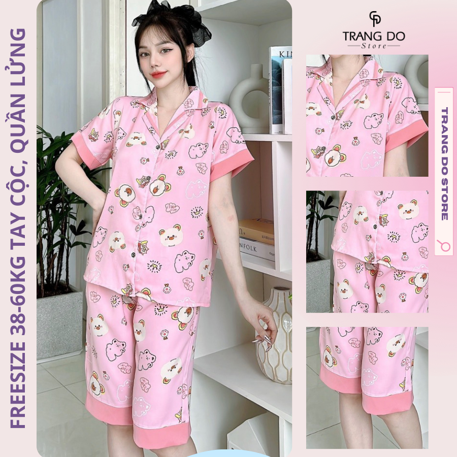 Đồ Bộ Nữ Mặc Nhà Freesize 38-60kg Dễ Thương Hoạt Hình Cao Cấp Tay Cộc Quần Lửng Chất Lụa Cao Cấp