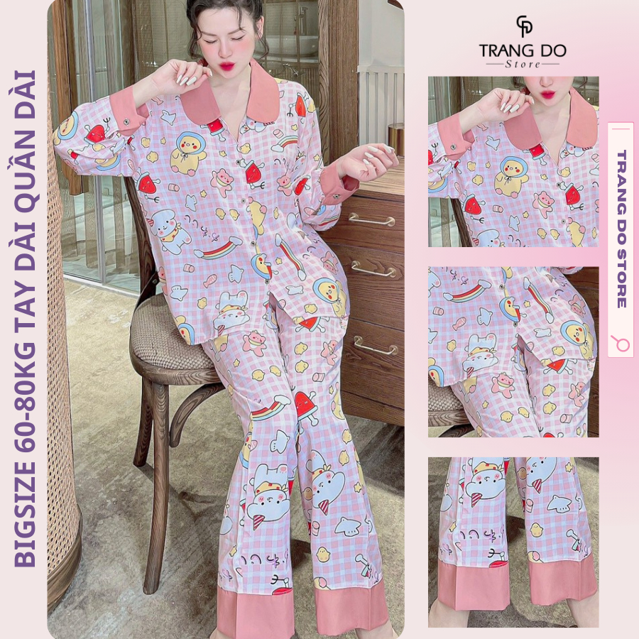 Đồ bộ Nữ Pijama Lụa Mặc Nhà Cao Cấp Big Size 60-80kg Đồ Ngủ Tay Dài, Quần Dài Mịn Mát Không Đổ Lông - Trang Đỗ Store