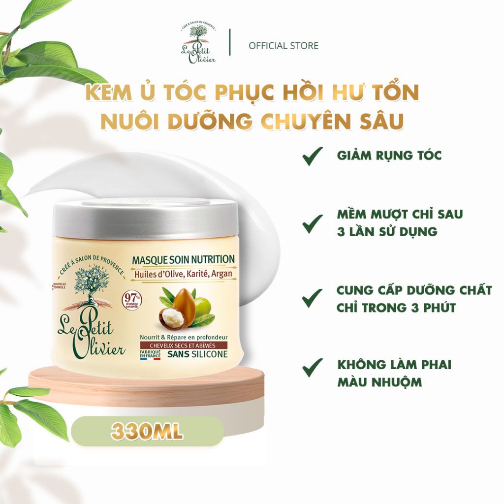 Kem ủ tóc Le Petit Olivier phục hồi và nuôi dưỡng tóc chuyên sâu tinh chất Argan, Bơ Hạt Mỡ, dầu Olive 330ml