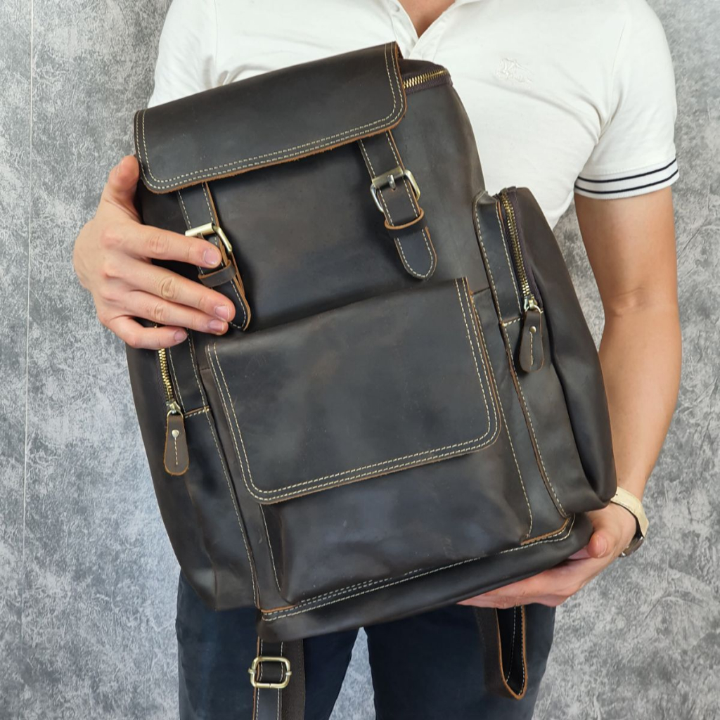 Balo nam da bò sáp; Ba lô du lịch nam da thật BP408  - 100% da bò thật, BH 3 năm