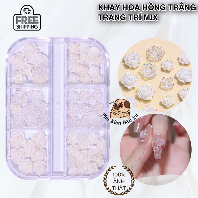 Hoa hồng trắng làm nail Korea, Set phụ kiện hoa trà