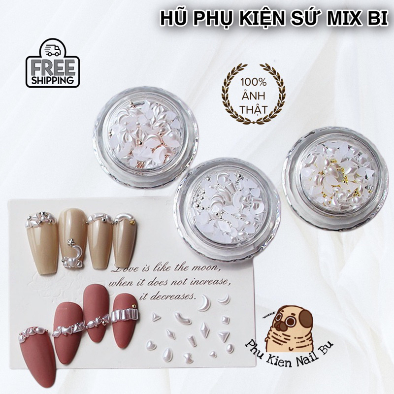 Hũ phụ kiện trang trí móng tay mix nhiều hình màu trắng 3D. trai sứ