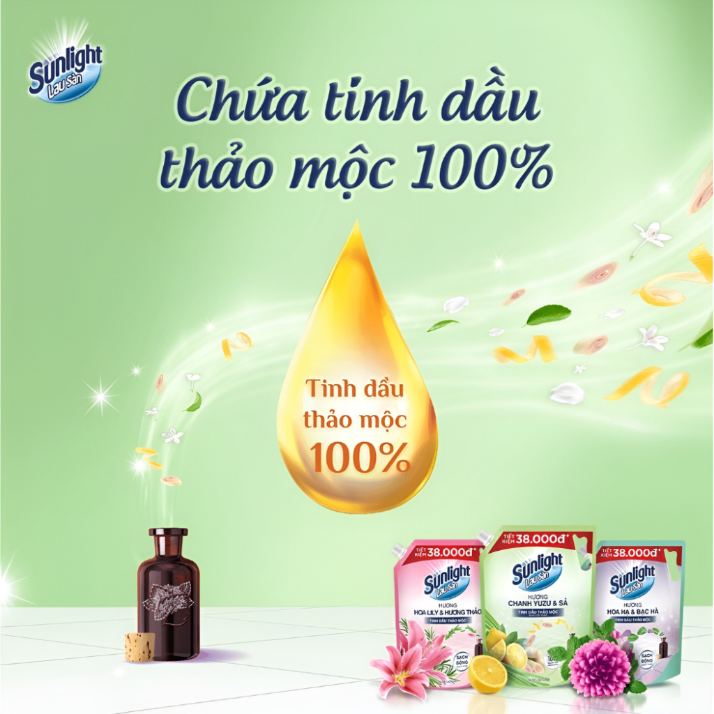Nước Lau Sàn Sunlight Hoa Hạ Và Bạc Hà Tinh Dầu Thảo Mộc Túi 3.6 Kg