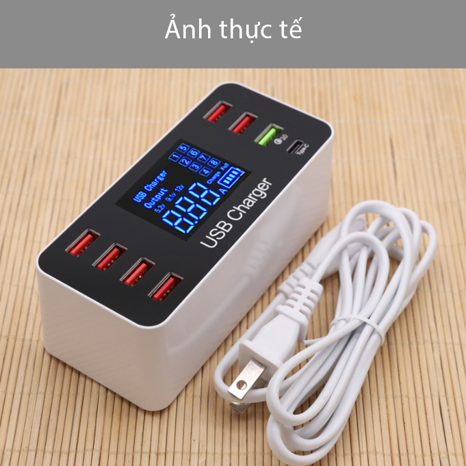 Bộ sạc nhanh WLX-A9+ 7 cổng USB (1 cổng Type-C) kèm màn hình hiển thị, hỗ trợ QC3.0 chất liệu PC + ABS chống cháy