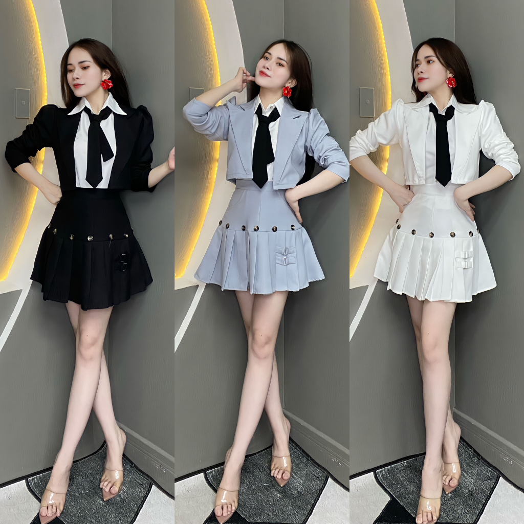 Set Thiết Kế 4 Món Áo Khoác Vest Tay Dài Phối Chân Váy Xòe Đính Cúc T1081 - Thanh Tự