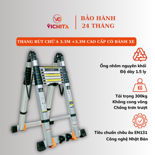Thang nhôm VICHITA rút chữ A 6.6M (3.3M+3.3M) có bánh xe, thanh giằng chống rung lắc - BẢO HÀNH 2 NĂM