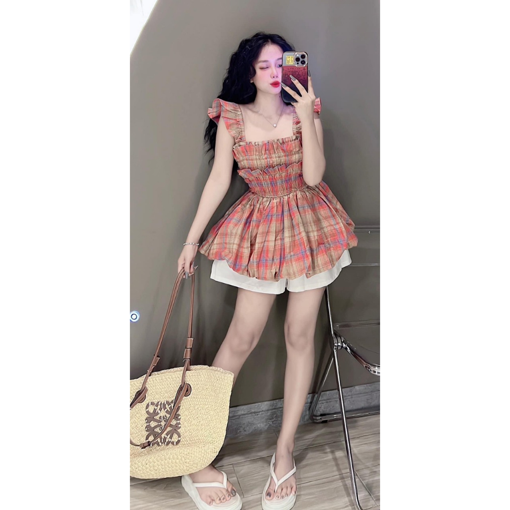 Set caro áo tay cánh tiên form xòe kèm quần short (có tách lẻ)