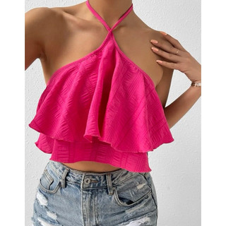 Áo croptop bèo nhún kiểu yếm hồng sen - ELLY TOP