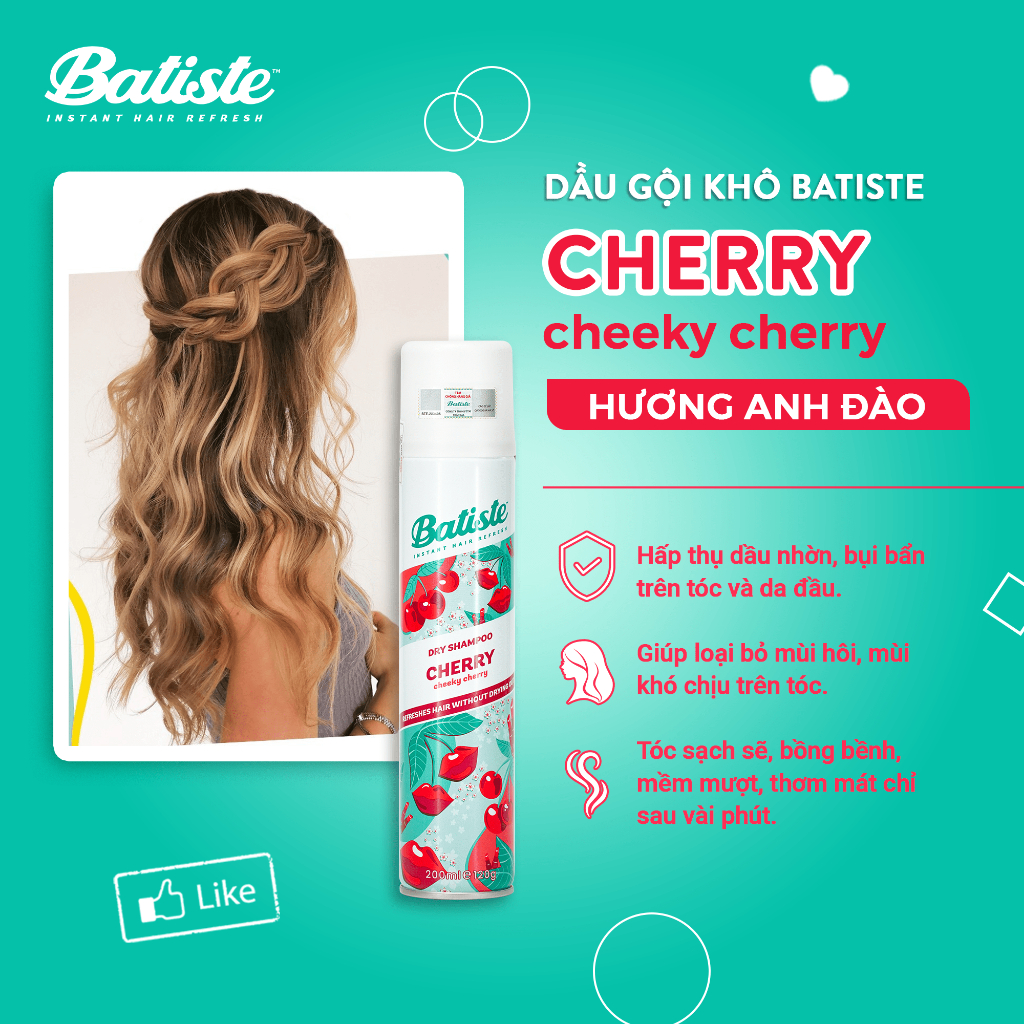 Dầu Gội Khô Batiste Hương Anh Đào Danh Cho Da Đầu Hay Bếp- Batiste Dry Shampoo Fruity & Cheeky Cherry 200ml