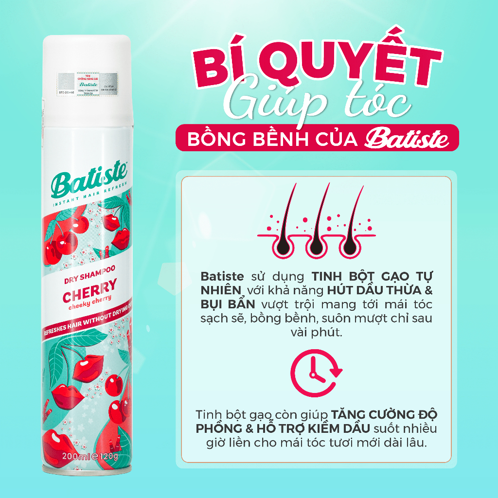 Dầu Gội Khô Batiste Hương Anh Đào Danh Cho Da Đầu Hay Bếp- Batiste Dry Shampoo Fruity & Cheeky Cherry 200ml