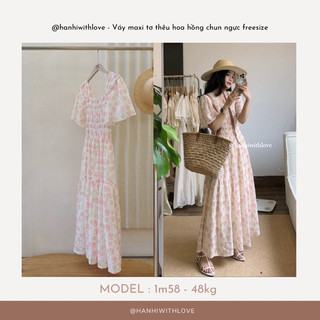 @hanhiwithlove - Váy maxi tơ thêu hoa hồng chun ngực freesize